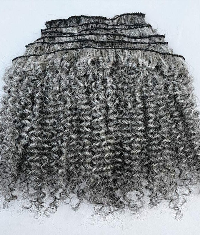 Silver Gray Jerry Curly Human Hair Clip In Hair Extensions 6 Pieces/Set Salt And Pepper Color