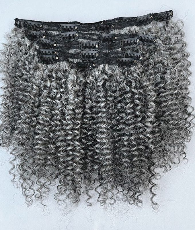Silver Gray Jerry Curly Human Hair Clip In Hair Extensions 6 Pieces/Set Salt And Pepper Color