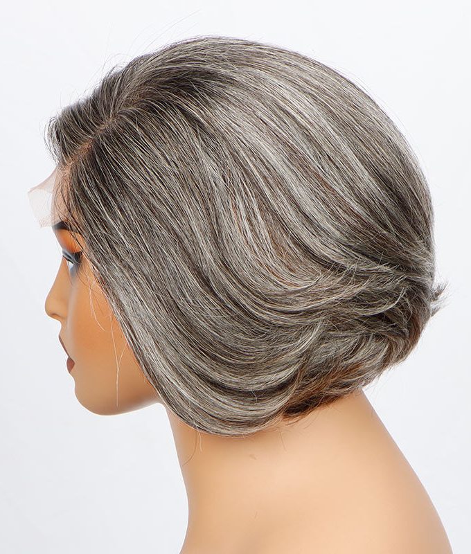 Silver Grey Bob Wigs Salt & Pepper Mix Brown Hair Natural Straight Wavy Human Hair Glueless Lace Wigs