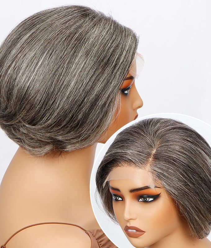 Handmade Natural Wavy Grey Highlight Wig Mixed With Brown Human Hair Perfect Glueless Lace Wigs for Mom