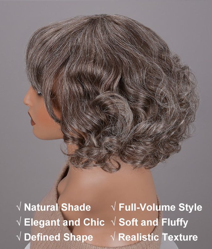 Beginner Friendly Brown Mixed Gray Glueless Bob Wig With Bangs Natural Loose Wavy Human Hair Wig For Older Women