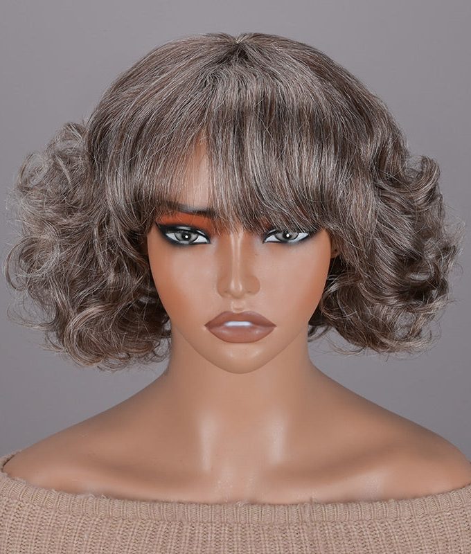 Beginner Friendly Brown Mixed Gray Glueless Bob Wig With Bangs Natural Loose Wavy Human Hair Wig For Older Women