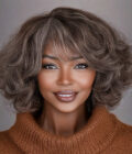 Beginner Friendly Brown Mixed Gray Glueless Bob Wig With Bangs Natural Loose Wavy Human Hair Wig For Older Women