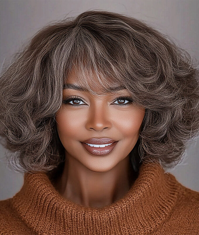 Beginner Friendly Brown Mixed Gray Glueless Bob Wig With Bangs Natural Loose Wavy Human Hair Wig For Older Women