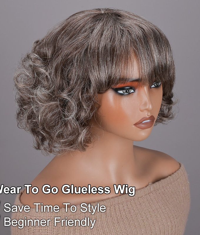 Beginner Friendly Brown Mixed Gray Glueless Bob Wig With Bangs Natural Loose Wavy Human Hair Wig For Older Women