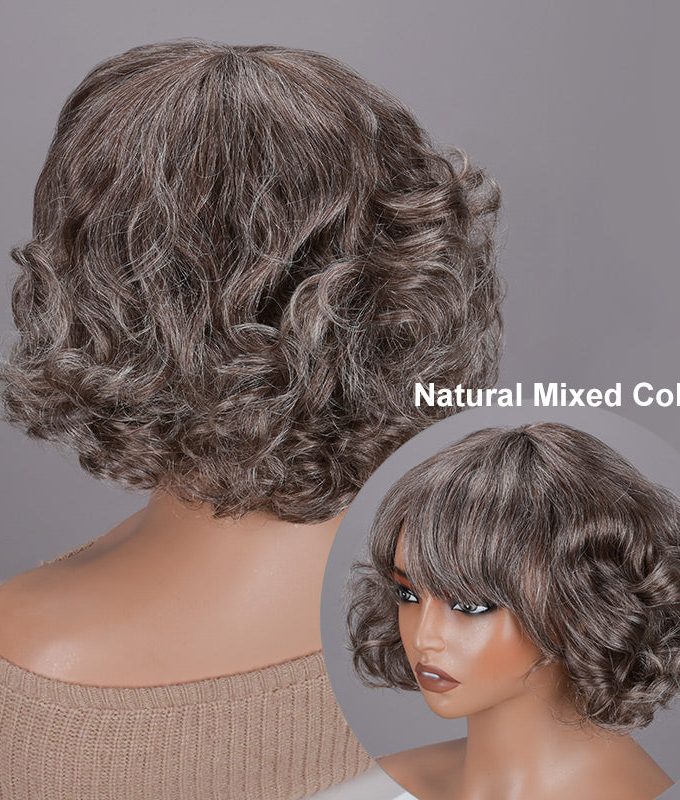 Beginner Friendly Brown Mixed Gray Glueless Bob Wig With Bangs Natural Loose Wavy Human Hair Wig For Older Women