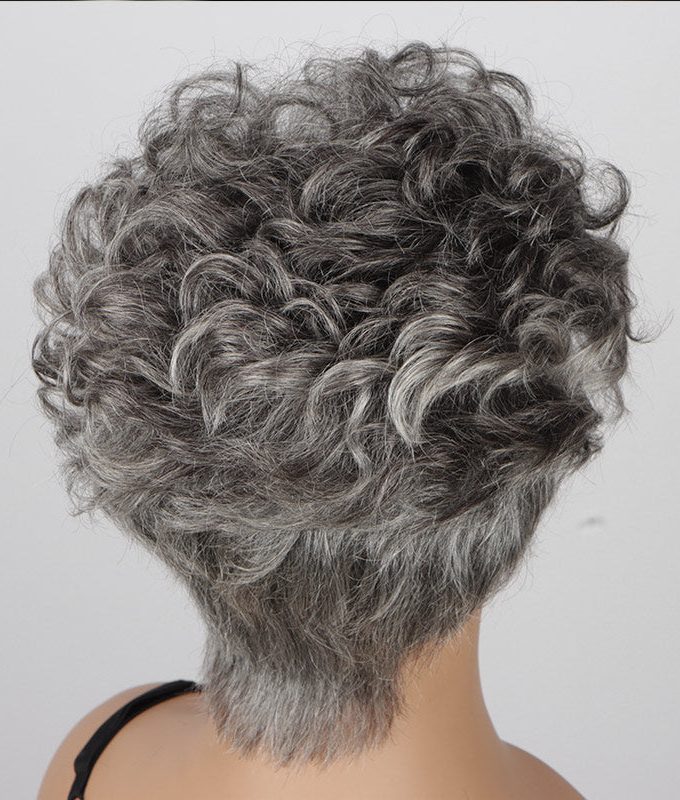 Short Pixie Haircuts Salt and Pepper Natural Wave Human Hair Glueless Throw On & Go Wigs for Mature Women