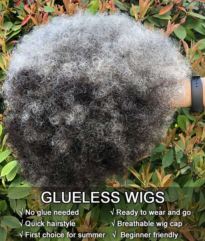 Beginner Friendly Wear To Go Wigs Salt And Pepper Short Afro 4C Kinky Curly Human Hair Glueless Wig For Older Women