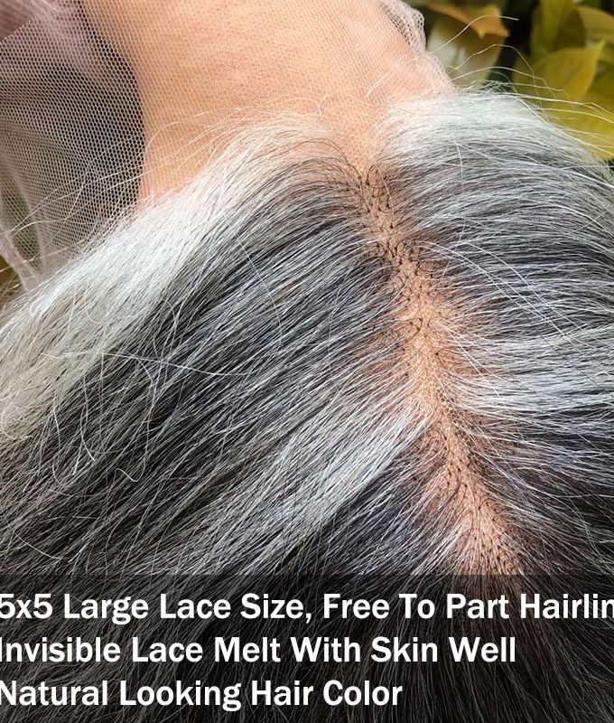 US DOMESTIC SHIPPING | Mid-Length Salt And Pepper Wig For Mature Women 100% Human Hair Body Wave 5x5 HD Lace Throw On & Go Wigs For Mom