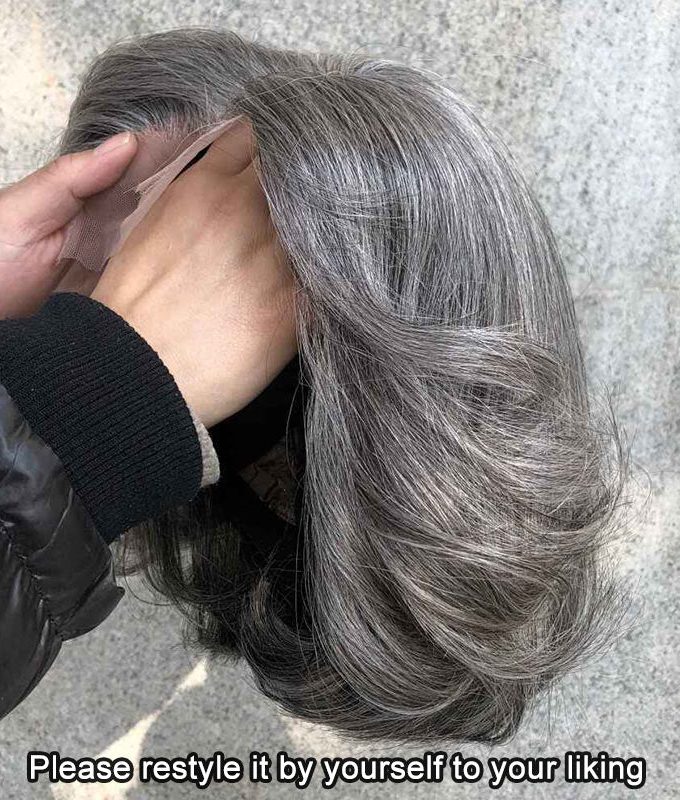 Natural Straight Wavy Gray Bob For Older Women Real Human Hair Lace Wigs Salt & Pepper Color
