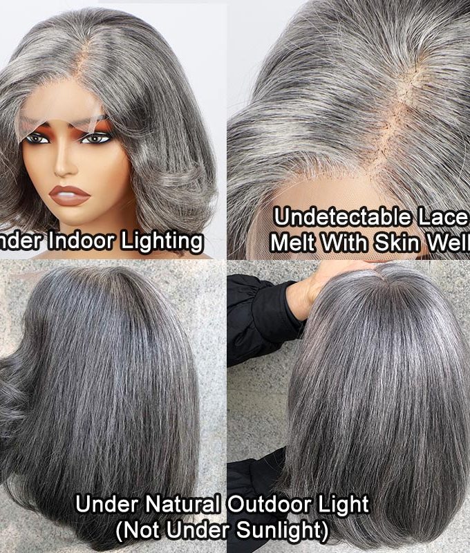 Natural Straight Wavy Gray Bob For Older Women Real Human Hair Lace Wigs Salt & Pepper Color
