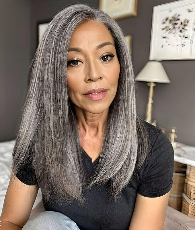 Mid-Length Salt And Pepper Wig Straight Human Hair 5x5 HD Lace Wigs For Polished Women