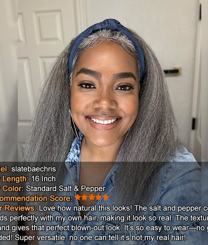 Salt And Pepper Kinky Straight Human Hair 3/4 Half Wig Kinky Blow Out Glueless 3 In 1 Wigs