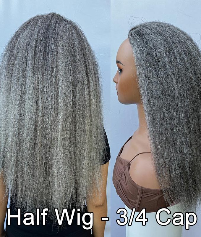 Salt And Pepper Kinky Straight Human Hair 3/4 Half Wig Kinky Blow Out Glueless 3 In 1 Wigs