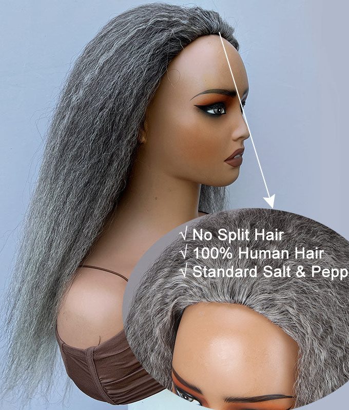 Salt And Pepper Kinky Straight Human Hair 3/4 Half Wig Kinky Blow Out Glueless 3 In 1 Wigs