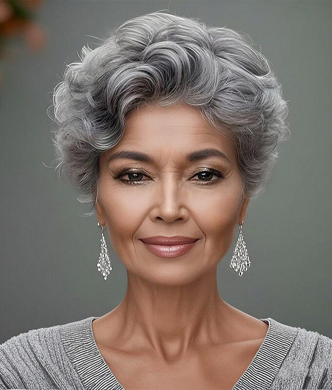 Short Silver Gray Pixie Cut Wig Natural Wave Human Hair Salt And Pepper Glueless Wigs For Older Women-GPXW001C