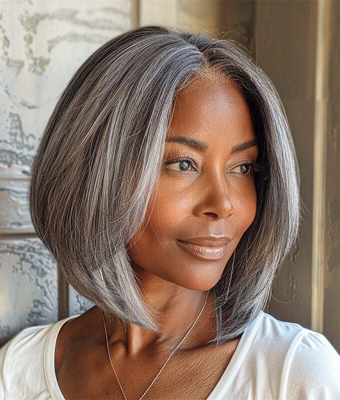 US DOMESTIC SHIPPING | Chic Silver Gray Straight Bob Salt and Pepper Real Human Hair Glueless Lace Wigs For Seniors