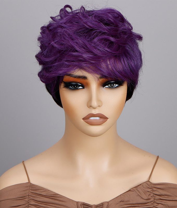 Custom Wig Two-Toned Edgy Pixie Haircut With Purple Layers Water Wave Human Hair Wear And Go Glueless Non-Lace Wig