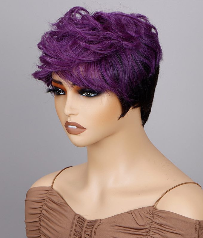 Custom Wig Two-Toned Edgy Pixie Haircut With Purple Layers Water Wave Human Hair Wear And Go Glueless Non-Lace Wig