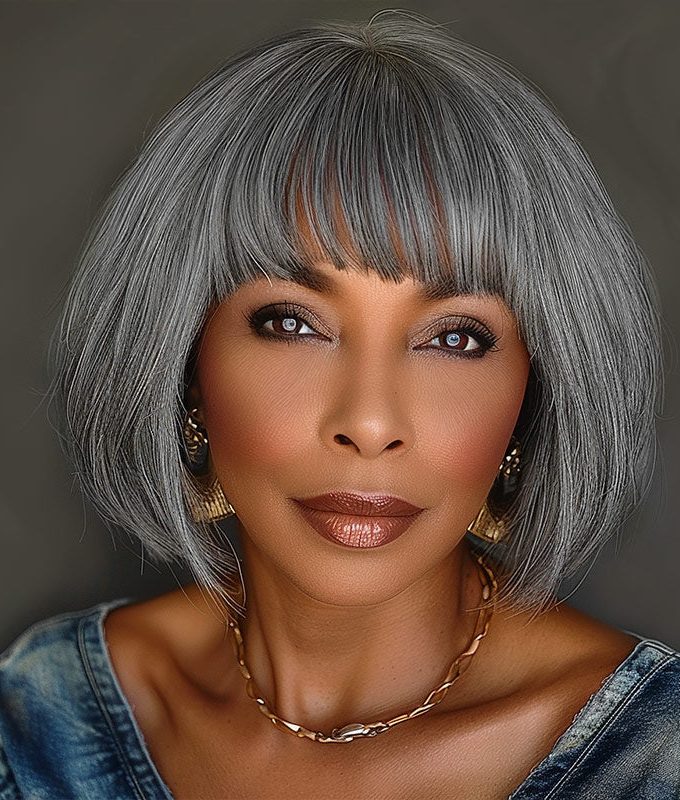 Flash Sale | Trendy Salt & Pepper Short Straight Bob Wig With Bangs Real Human Hair Glueless Wigs For Seniors