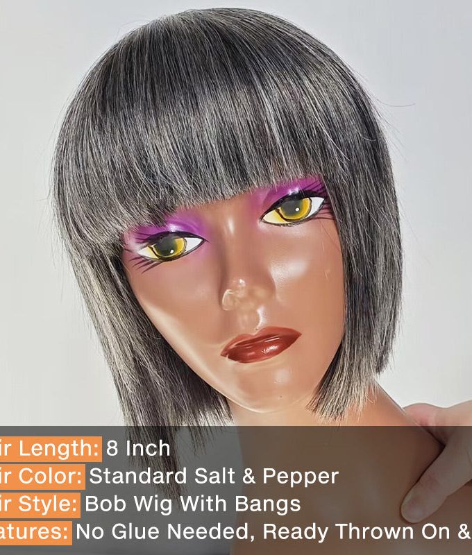 Chic Salt & Pepper Straight Bob Wig With Bangs Real Human Hair Glueless Wigs For Seniors