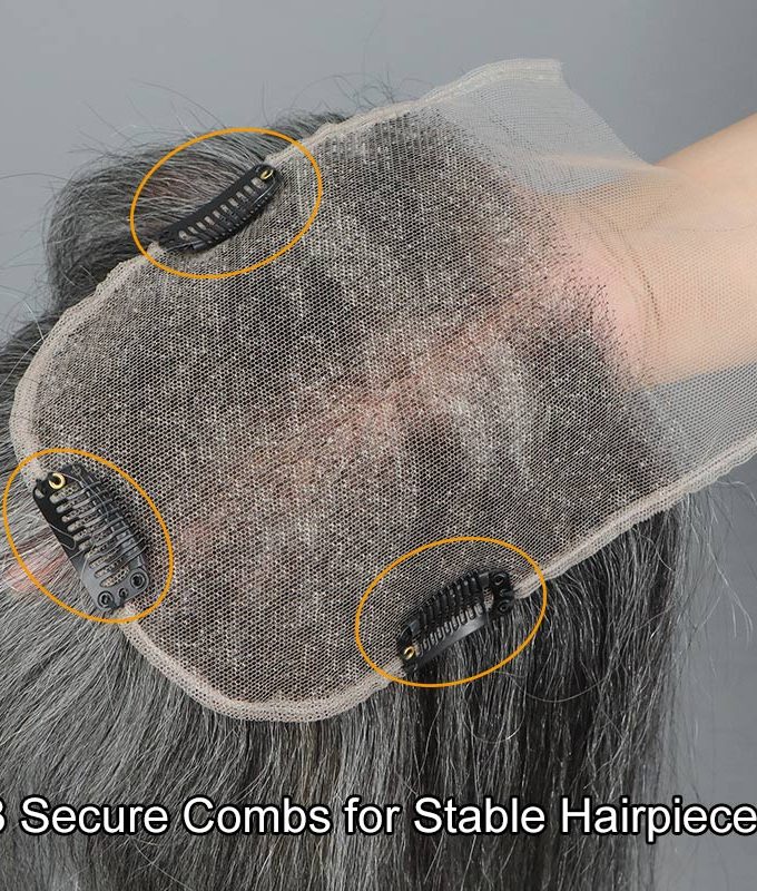 Salt and Pepper Swiss Lace Toppers Hair Piece Straight Human Hair