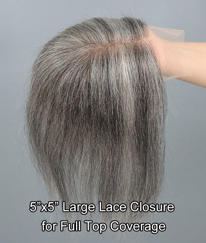Salt and Pepper Swiss Lace Toppers Hair Piece Straight Human Hair