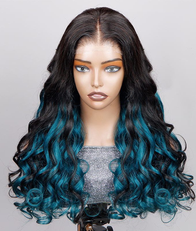 Teal Blue Peekaboo Balayage Highlight Wig Long Body Wave Human Hair Glueless 6x4 Pre Cut Pre Bleached Lace Wig