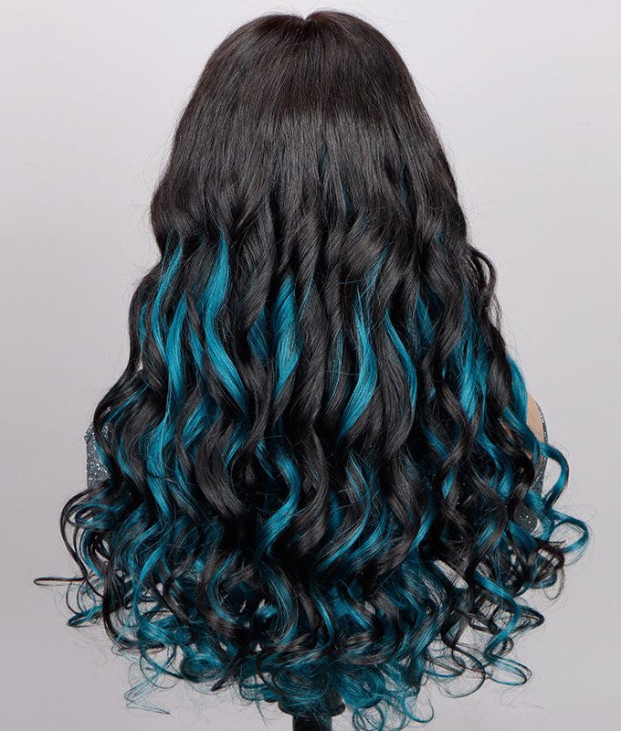 Teal Blue Peekaboo Balayage Highlight Wig Long Body Wave Human Hair Glueless 6x4 Pre Cut Pre Bleached Lace Wig