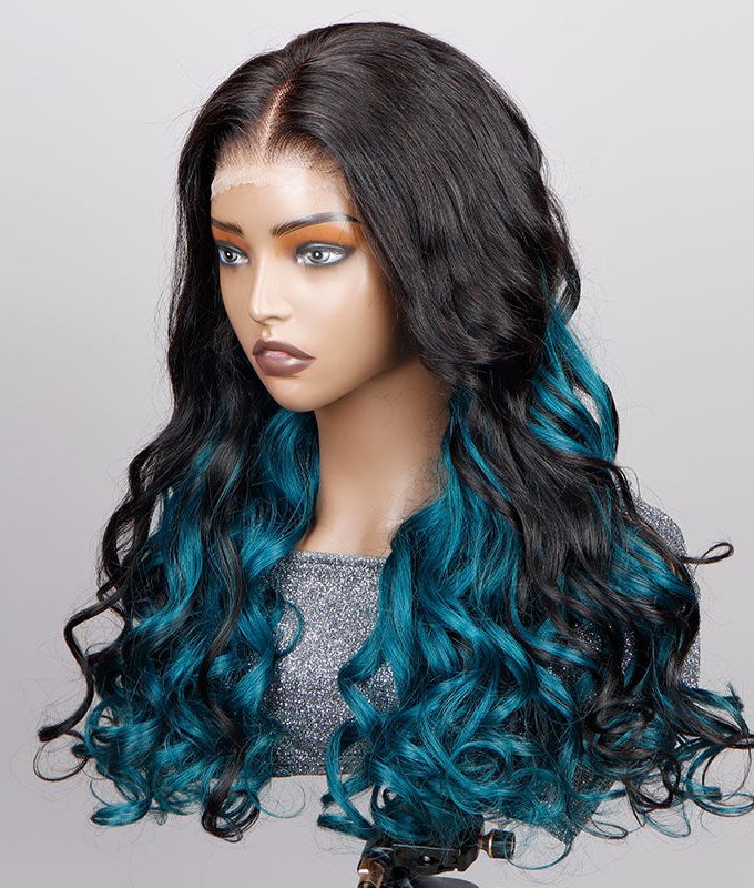 Teal Blue Peekaboo Balayage Highlight Wig Long Body Wave Human Hair Glueless 6x4 Pre Cut Pre Bleached Lace Wig