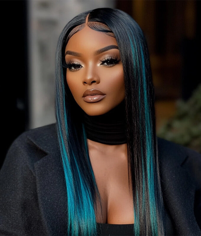 Teal Blue Peekaboo Balayage Highlight Wig Long Silky Straight Hair Glueless 6x4 Pre Cut Pre Bleached Lace Wig
