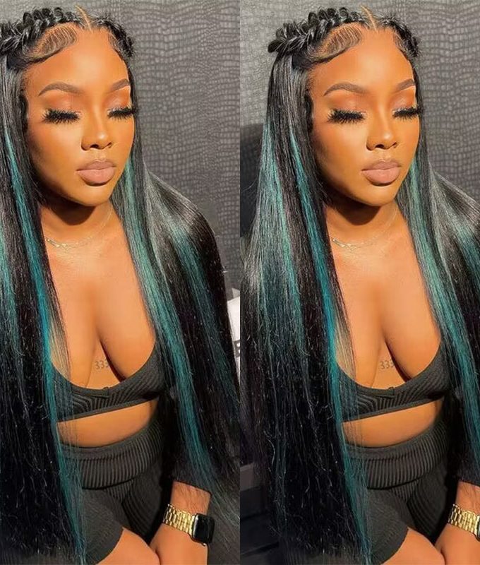 Teal Blue Peekaboo Balayage Highlight Wig Long Silky Straight Hair Glueless 6x4 Pre Cut Pre Bleached Lace Wig