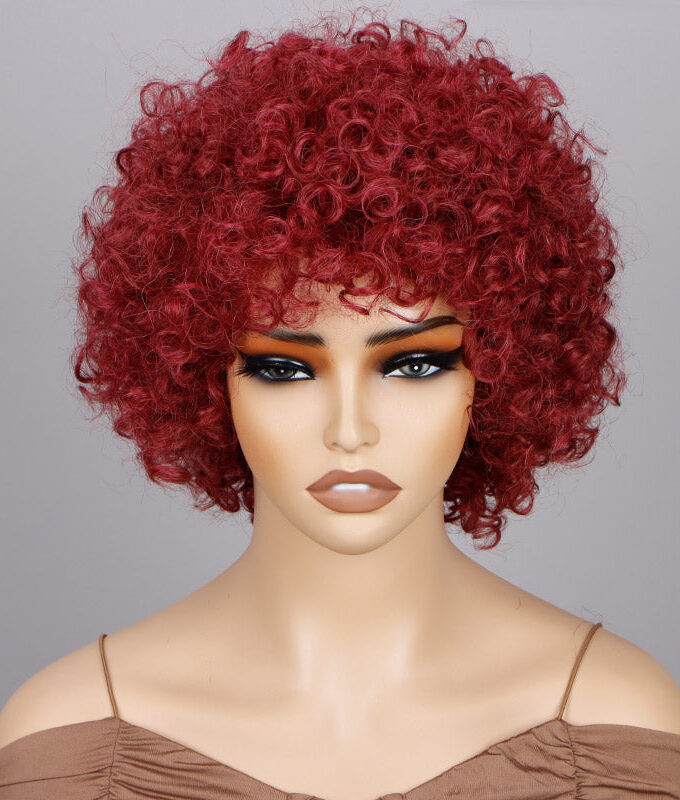 Vermilion Red Short Bouncy Curly Wig With Bangs Real Human Hair Glueless Wear And Go Wigs