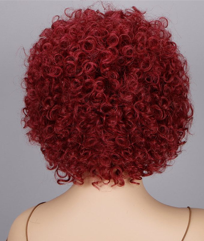 Vermilion Red Short Bouncy Curly Wig With Bangs Real Human Hair Glueless Wear And Go Wigs