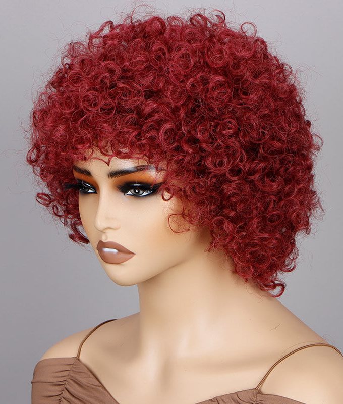 Vermilion Red Short Bouncy Curly Wig With Bangs Real Human Hair Glueless Wear And Go Wigs