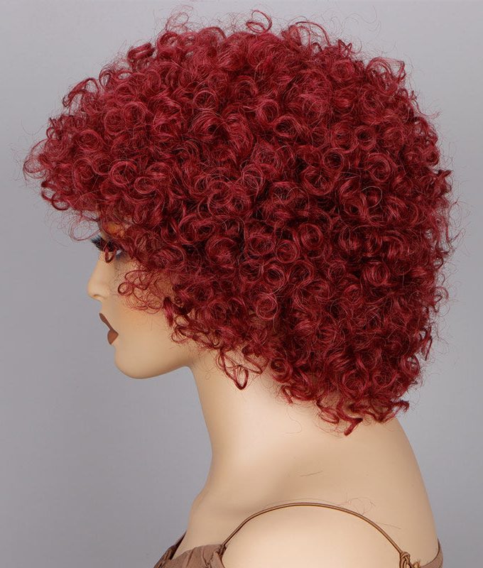 Vermilion Red Short Bouncy Curly Wig With Bangs Real Human Hair Glueless Wear And Go Wigs