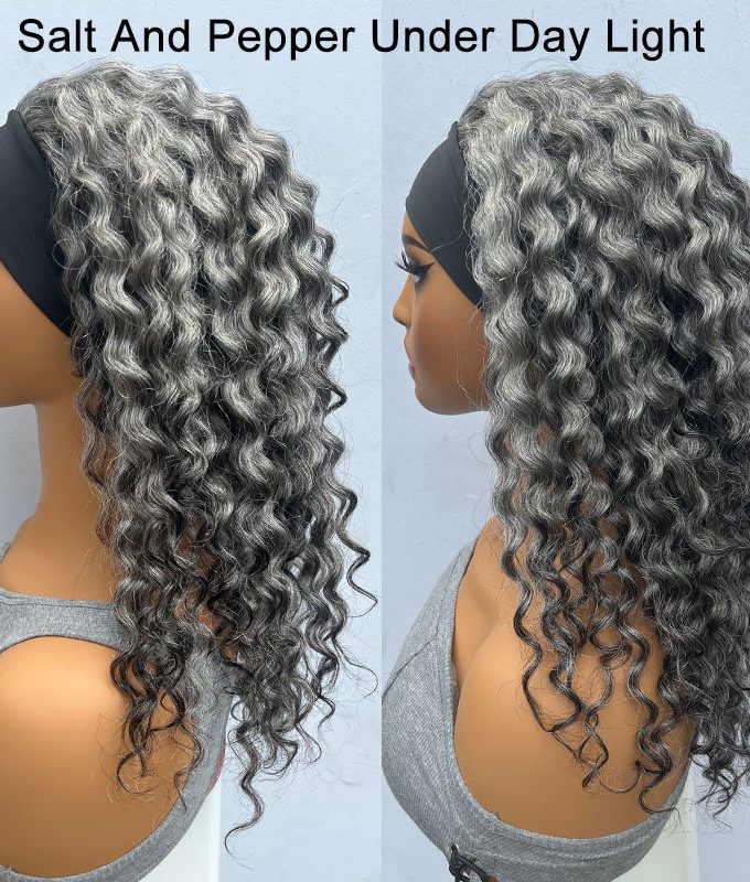 Ready To Go Salt And Pepper Water Wave Human Hair Headband Wig For Older Women