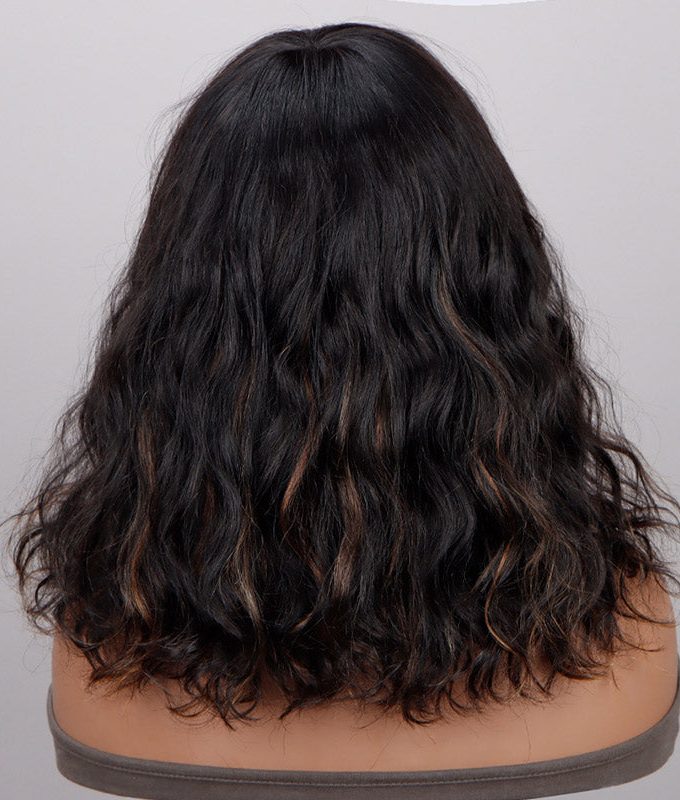 Brown Peekaboo Highlight Natural Wave Human Hair Bob Wig With Bangs Quick Wear And Go Glueless Wigs