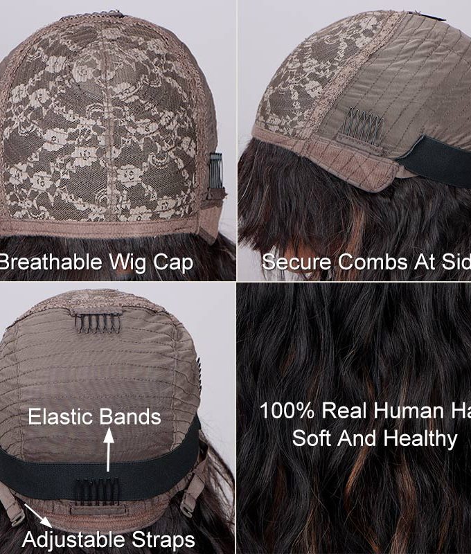 Brown Peekaboo Highlight Natural Wave Human Hair Bob Wig With Bangs Quick Wear And Go Glueless Wigs