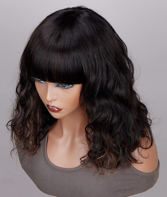 Brown Peekaboo Highlight Natural Wave Human Hair Bob Wig With Bangs Quick Wear And Go Glueless Wigs