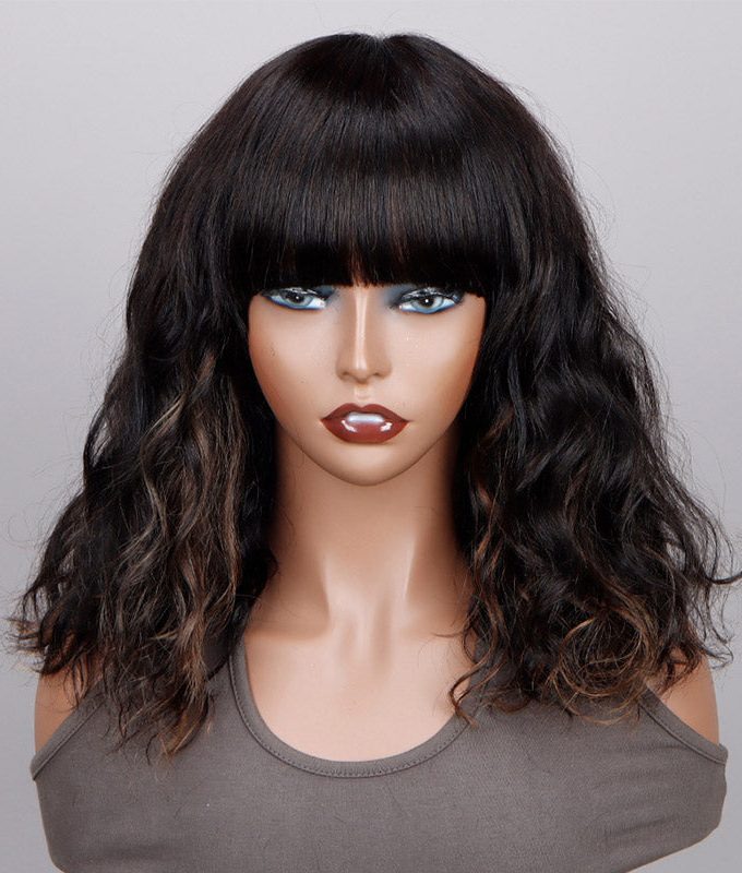 Brown Peekaboo Highlight Natural Wave Human Hair Bob Wig With Bangs Quick Wear And Go Glueless Wigs