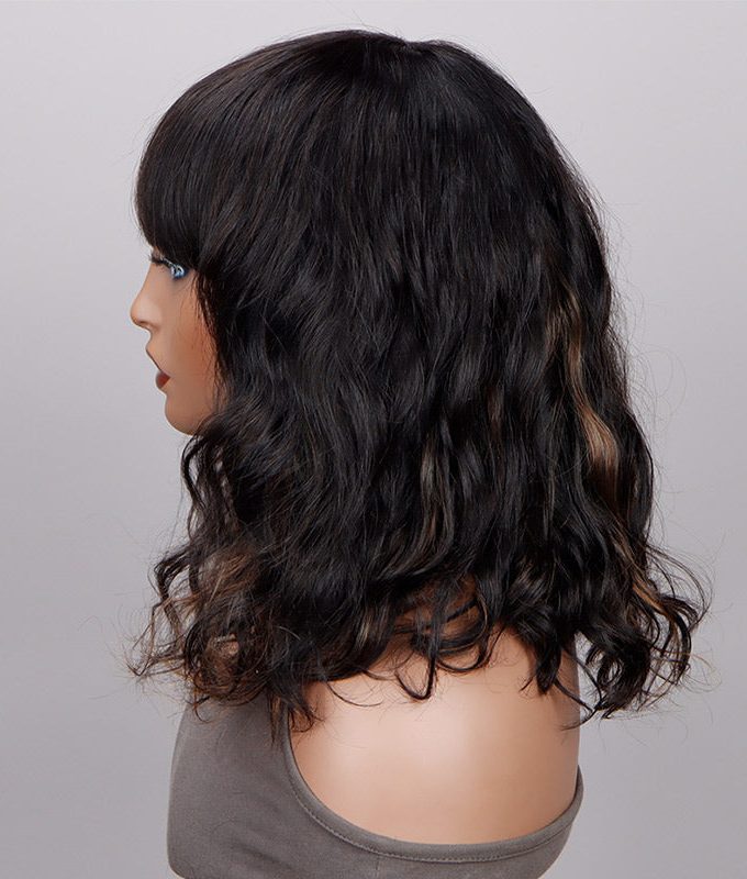 Brown Peekaboo Highlight Natural Wave Human Hair Bob Wig With Bangs Quick Wear And Go Glueless Wigs