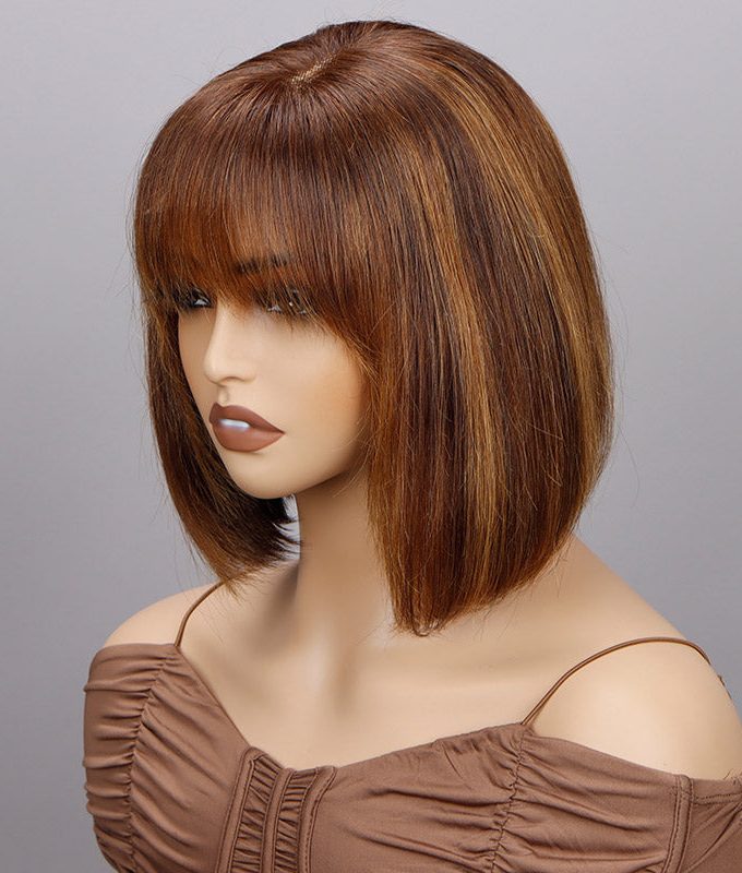 Caramel Brown Highlight Bob Wig With Bangs Short Straight Human Hair Glueless 4x4 Lace Closure Wigs