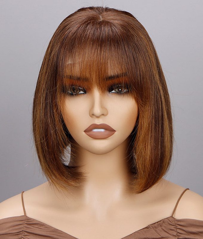 Caramel Brown Highlight Bob Wig With Bangs Short Straight Human Hair Glueless 4x4 Lace Closure Wigs