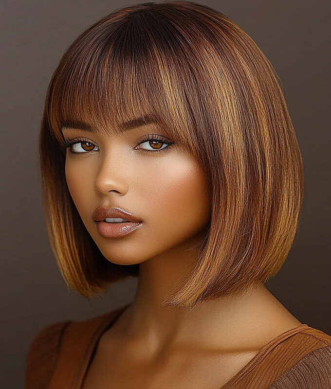 Caramel Brown Highlight Bob Wig With Bangs Short Straight Human Hair Glueless 4x4 Lace Closure Wigs