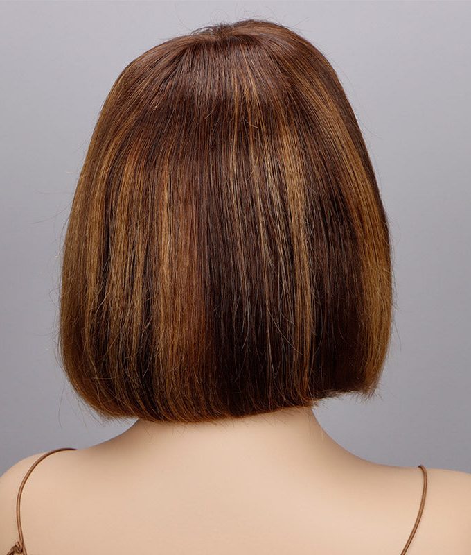Caramel Brown Highlight Bob Wig With Bangs Short Straight Human Hair Glueless 4x4 Lace Closure Wigs