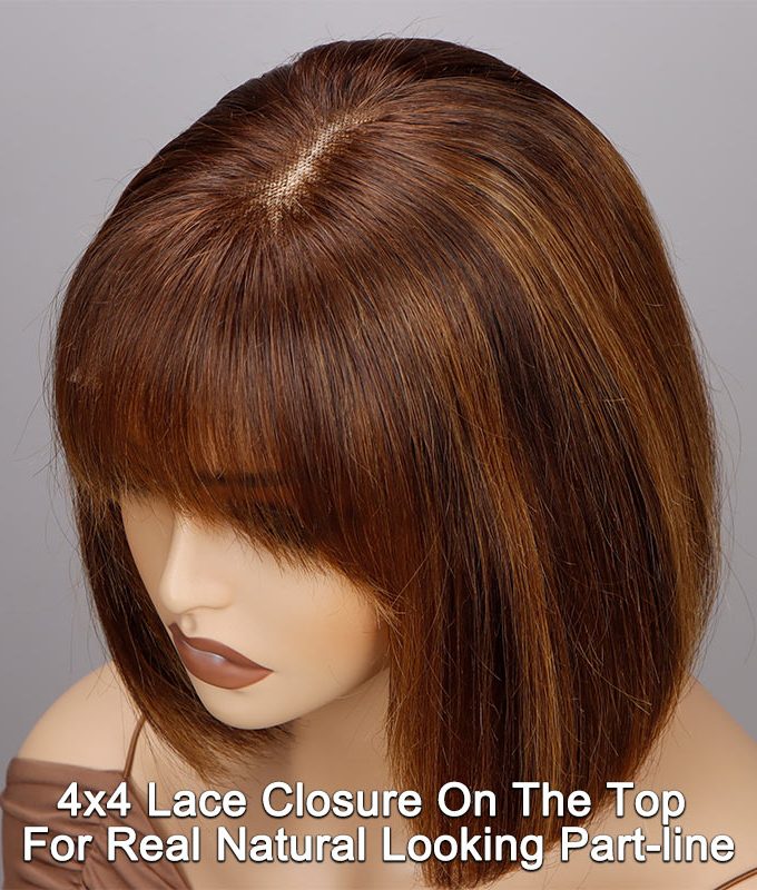 Caramel Brown Highlight Bob Wig With Bangs Short Straight Human Hair Glueless 4x4 Lace Closure Wigs
