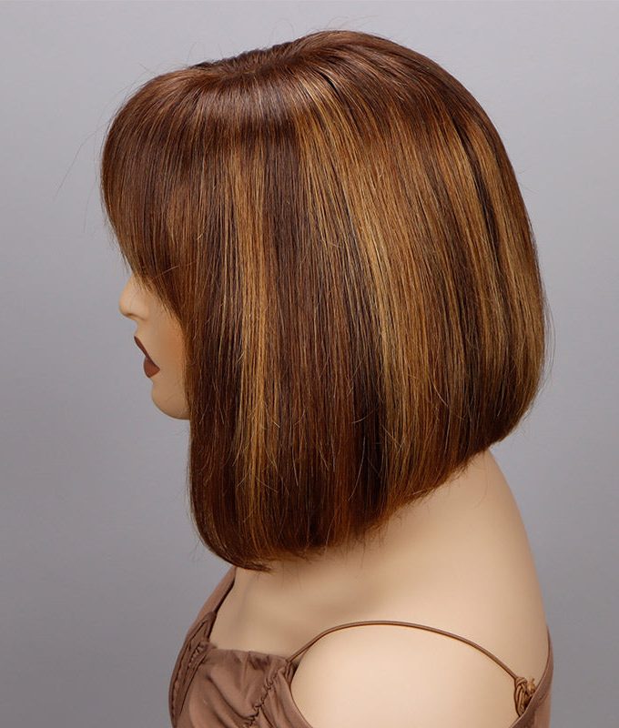Caramel Brown Highlight Bob Wig With Bangs Short Straight Human Hair Glueless 4x4 Lace Closure Wigs