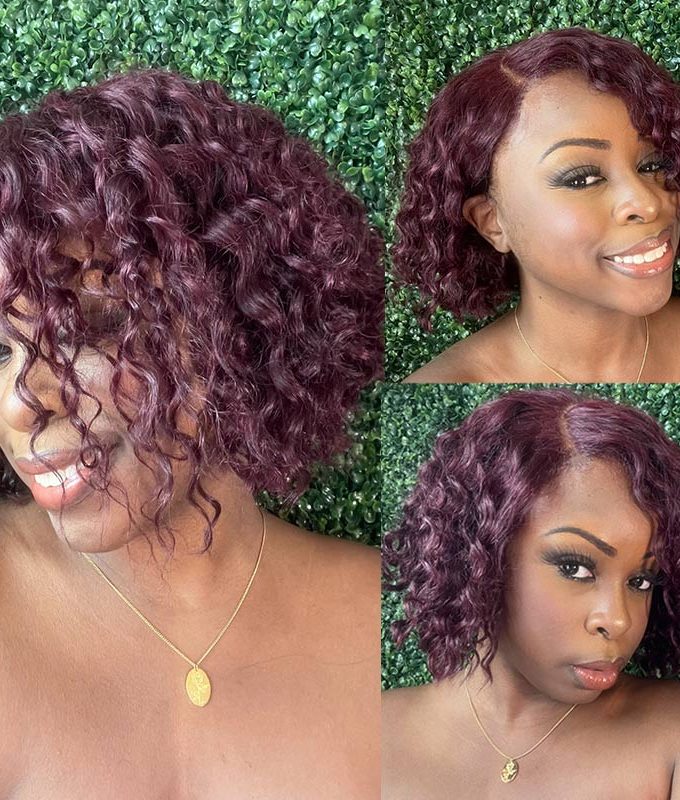 99j Dark Burgundy Water Wave Curly Bob 5x5 HD Lace Glueless Human Hair Wigs Side C-Part