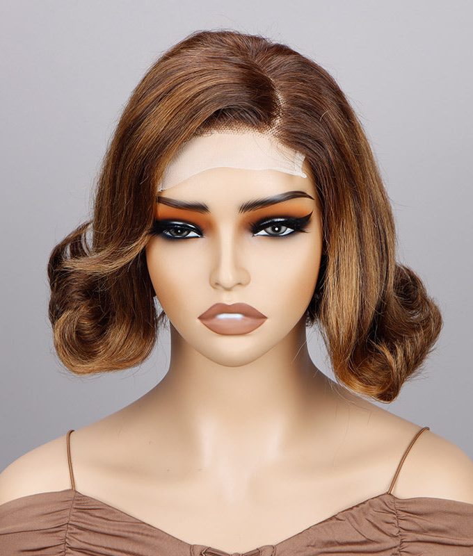 Vintage Style Retro Body Wave Bob Golden Blonde Highlights On Brown 4x4 Lace Human Hair Wigs For Mom